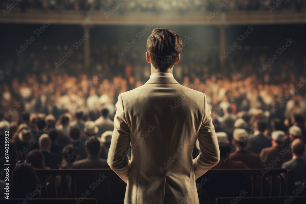 presentation at a business event in front of an audience of businessman