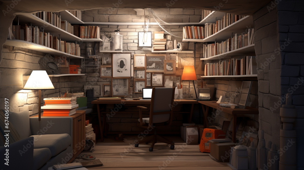 Obraz premium A very small and enclosed workspace in the basement. It is surrounded by walls on three sides. The entire walls are turned into bookshelves. 