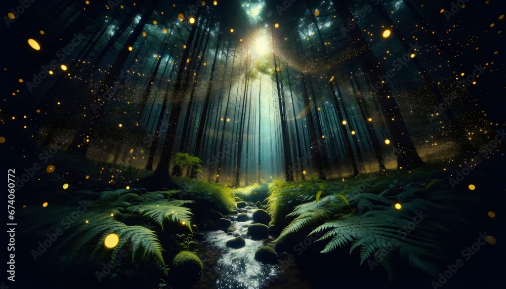 Enchanted Forest Scene with Fireflies and Stream at Night