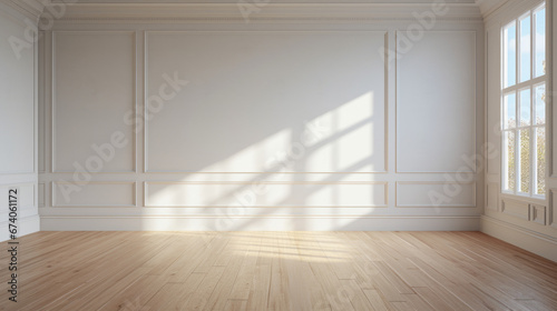 An empty room is illuminated by the bright light of the sun streaming through the windows