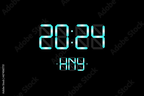 Happy New Year xmas holiday card with digital lcd electronic display clock number 2024 and HNY blue letters on black background. Merry Christmas celebration greeting calendar vector eps illustration