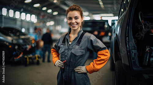 Young beautiful woman in mechanic costume in auto repair shop photo