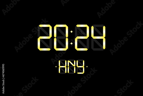 Happy New Year xmas holiday card with digital lcd electronic display clock number 2024 and HNY gold letters on black background. Merry Christmas celebration greeting calendar vector eps illustration