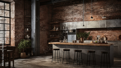 an industrial-style kitchen with exposed brick walls and stainless steel appliances and wooden countertops 