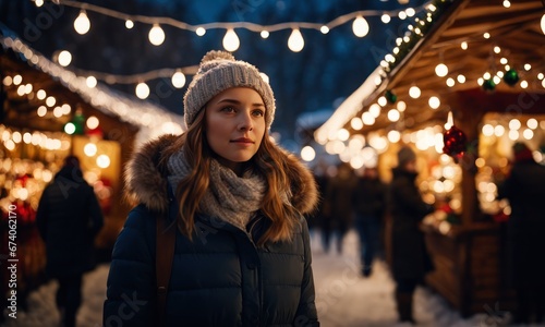 A happy girl in warm clothes stands on a decorated evening street at the Christmas market, lights the sparklers and looks at camera with a smile on his face.Walk through streets of city at Christmas © useful pictures