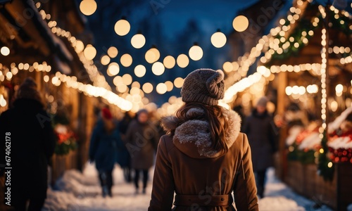 Girl walking in Christmas market decorated with holiday lights in the evening. Feeling happy in big city. Spending winter vacations in festive town. Back view. Winter holidays