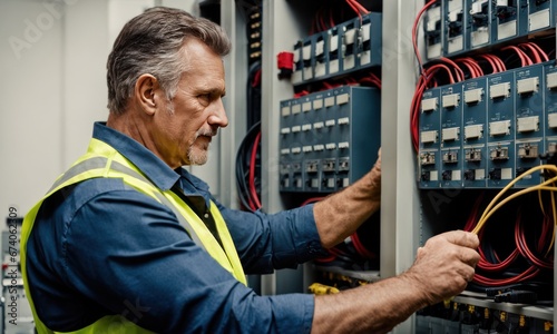A male electrician works in a switchboard with an electrical connecting cable. Mature man electrician works in a commutator. Connects the equipment with tools, the concept of complex work
