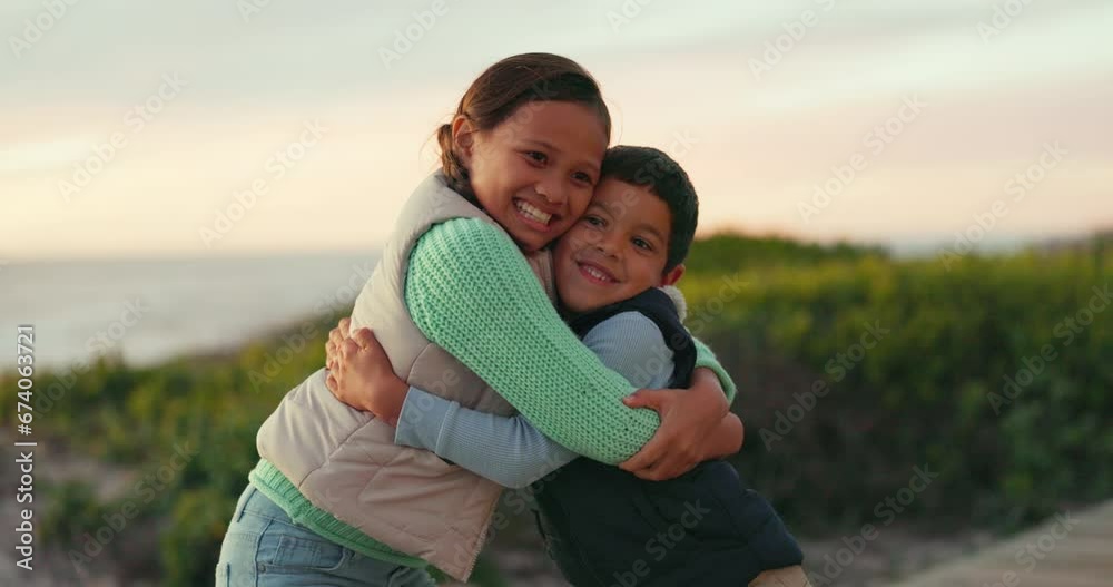 Children, hug and happy at a park outdoor for adventure, travel or holiday with love, care and happiness. Young boy and girl, siblings or kids on a journey together for fun family vacation in nature Children, hug and happy at a park outdoor for adventure, travel or holiday with love, care and happiness. Young boy and girl, siblings or kids on a journey together for fun family vacation in nature