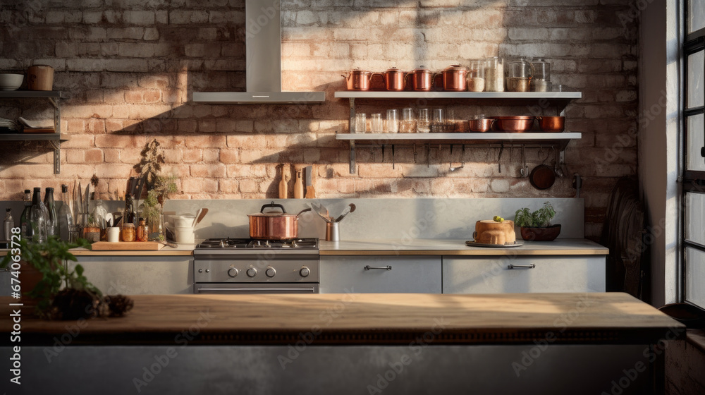 an industrial-style kitchen with exposed brick walls and stainless steel appliances and a large kitchen island 