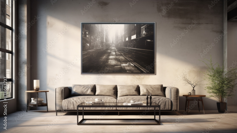 an industrial-style living room with a metal sofa and a glass coffee table and an abstract painting on the wall 