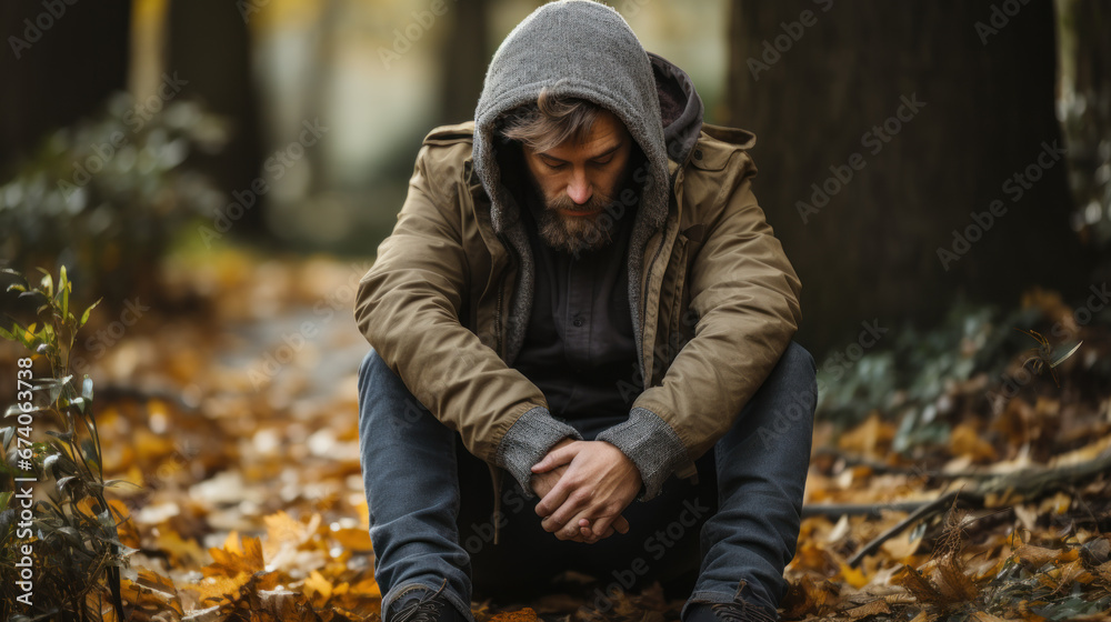 Contemplative Man Sitting Alone in Autumn Park