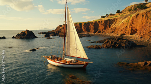 Sailboat Navigating Near Coastal Cliffs at Sunset
