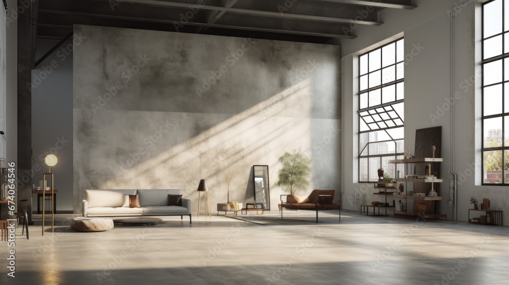 an industrial-style loft with light grey walls and a concrete floor and a large window with metal shades