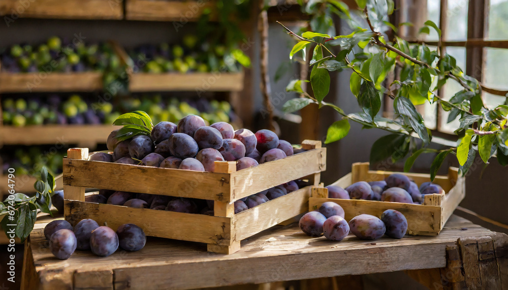Organically produced and harvested vegetables and fruits from the farm. Fresh plums in wooden crates and sacks. Stored and displayed in the warehouse Organically produced and harvested vegetables and fruits from the farm. Fresh plums in wooden crates and sacks. Stored and displayed in the warehouse