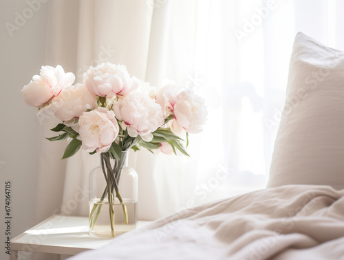 Bedroom and vase with peonies © Boadicea
