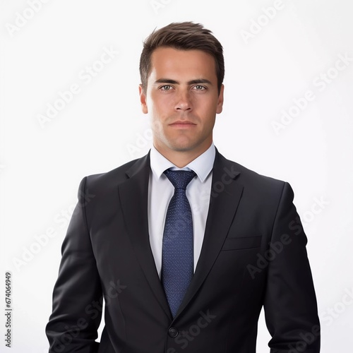 a businessman wearing a suit and tie on an isolated white background