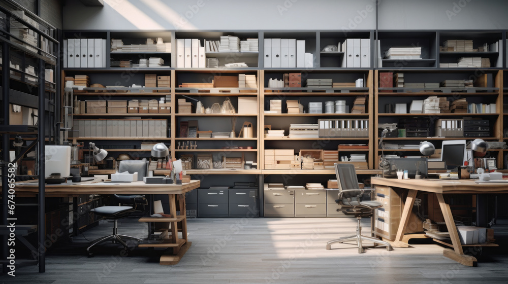 an industrial-style office with a metal desk and a wall of shelves and a filing cabinet in the corner