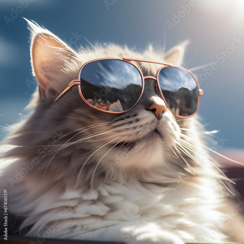 Portrait of cat wearing sunglasses against sky, looking at sun generativ ai