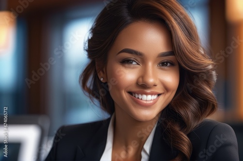 Portrait of attractive cheerful brown long wavy hairs girl leader partner top director startup developer in modern office. Close up of smiling young adult girl with blurred open space background.