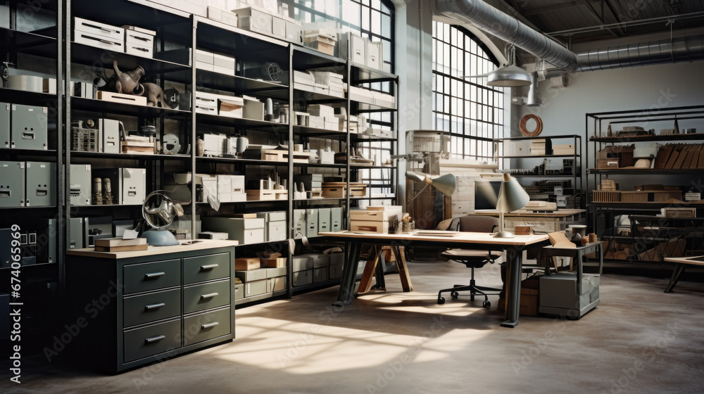 an industrial-style office with a metal desk and a wall of shelves and a filing cabinet in the corner an industrial-style office with a metal desk and a wall of shelves and a filing cabinet in the corner