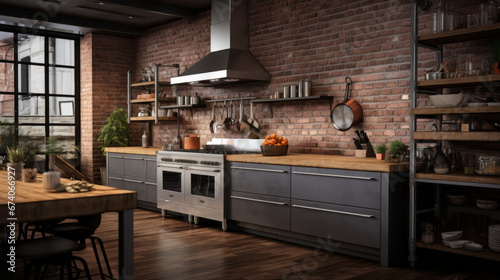 an industrial kitchen with exposed brick walls and stainless steel appliances and wooden countertops photo