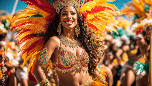 Portrait of a beautiful woman performing at the Rio Carnival, headdress with feathers