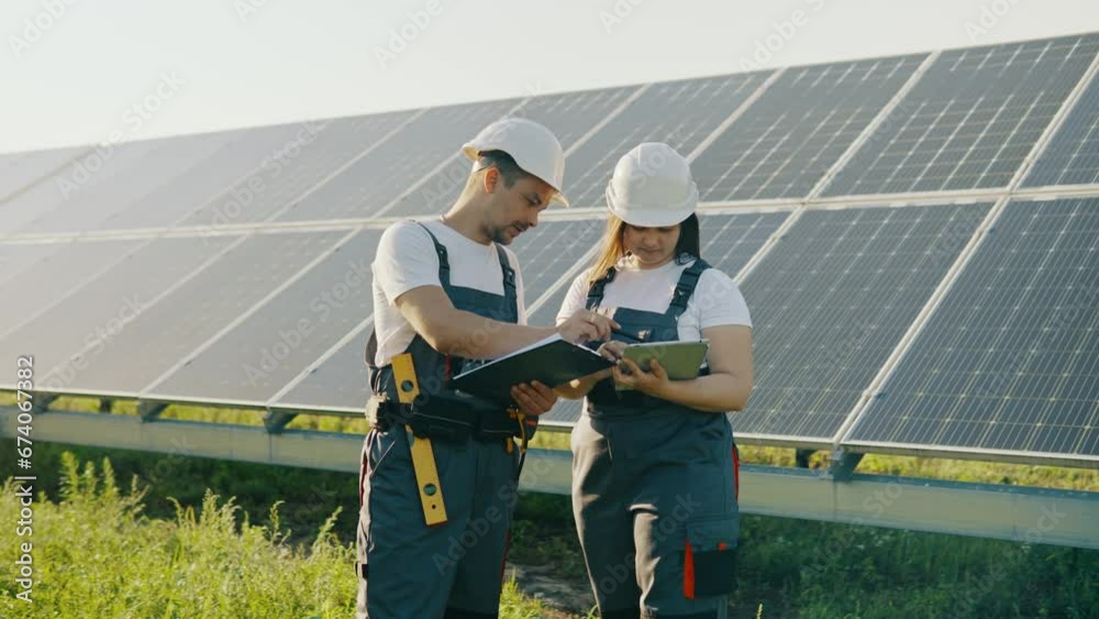 Maintenance personnel on a field with solar panels collecting data into a tablet Maintenance personnel on a field with solar panels collecting data into a tablet