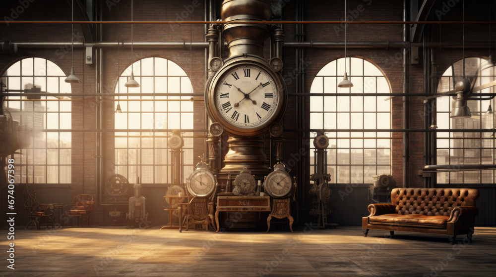 an industrial room with a brown carpet and white walls and a large clock hanging over the mantel