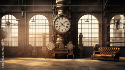 an industrial room with a brown carpet and white walls and a large clock hanging over the mantel