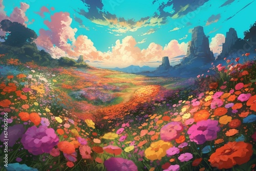 Stunning magical field bursting with vibrant spring flowers  anime-inspired colors  digitally painted background. Generative AI