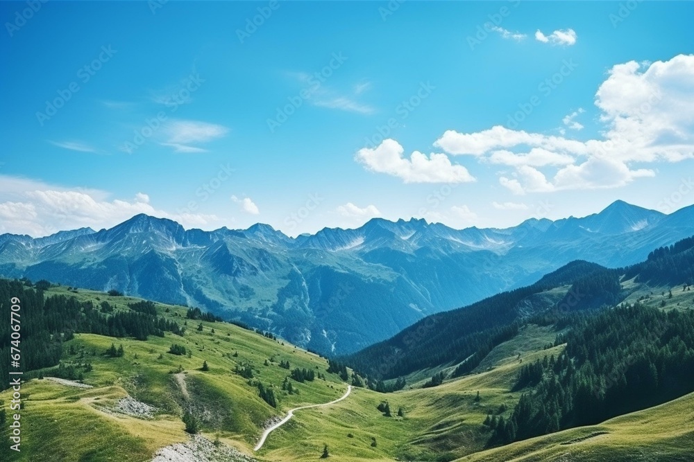 Beautiful landscape of mountains under clear blue sky. Generative AI