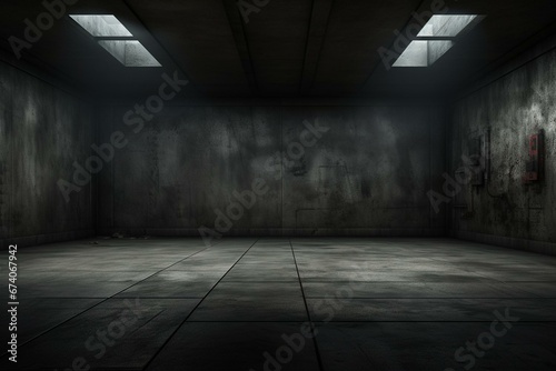 Desolate room with dark concrete walls. Generative AI © Roan