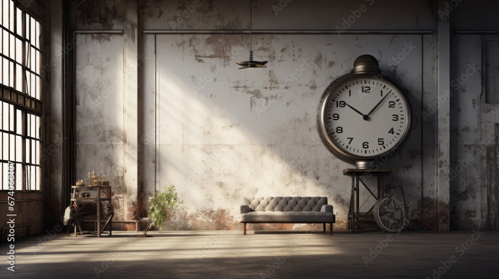 an industrial room with a concrete floor and white walls and a large clock hanging over the mantel - obrazy, fototapety, plakaty 