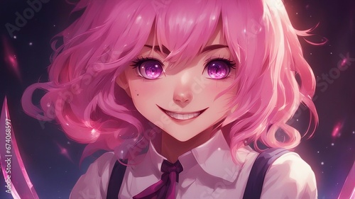 inspired anime cartoon   anime    A pink-haired anime schoolgirl with a gleaming knife and a creepy smile 