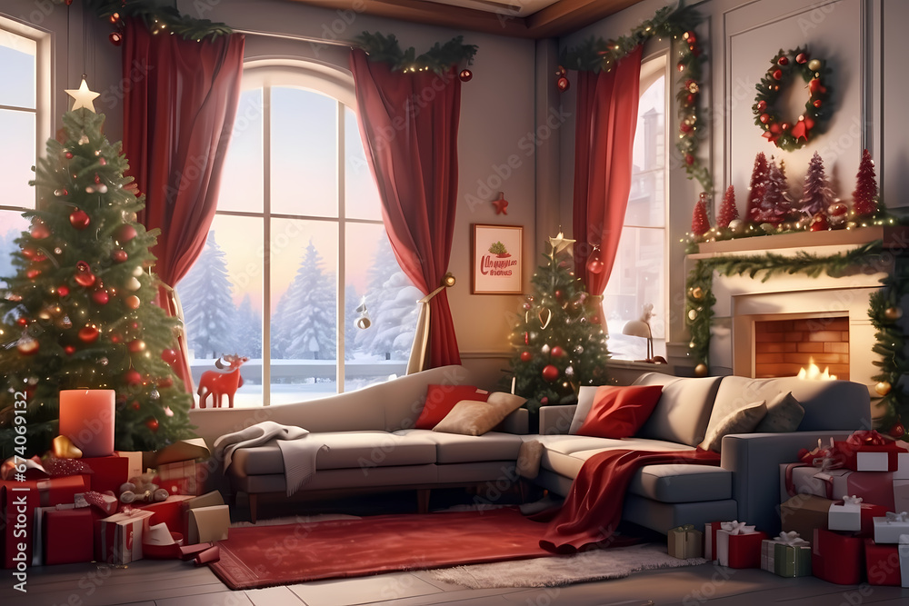 Beautiful Christmas Decorated Living Room with Big Tree and Presents