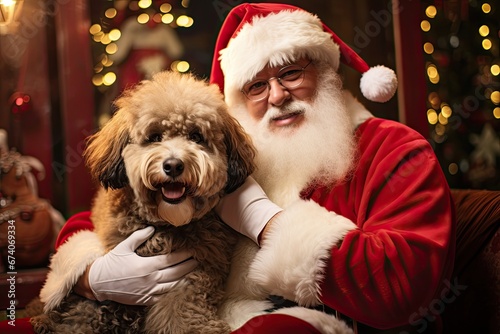 Santa Claus with golden doodle puppy, pet photo shoot at Christmas holiday photo
