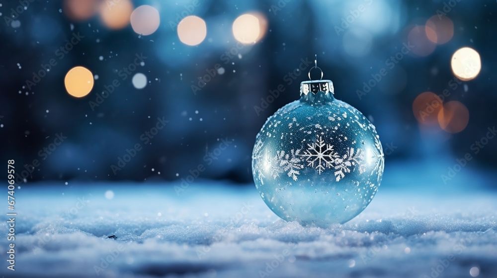Transparent glass Christmas ball in snow. New Year decoration. Festive atmosphere. Copy Space. Transparent glass Christmas ball in snow. New Year decoration. Festive atmosphere. Copy Space.