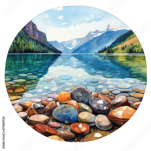 Watercolor illustration of Lake McDonald in Glacier National Park Montana, with famous colored pebbles and rocks photo