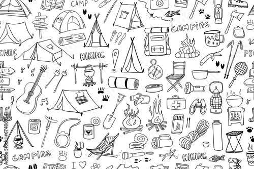 Seamless pattern of camping and hiking elements. Doodle style. Picnic, travel accessories, equipment. Travel design. Adventure. Hand drawn vector illustration Great for prints, poster, cute stationery