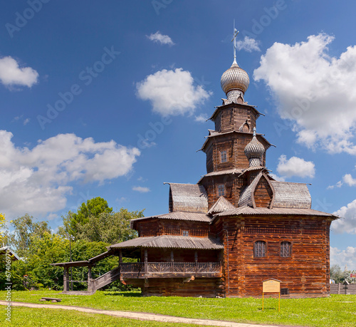 Wooden Russian church in Suzdal, Russia. Old town of Suzdal is historical landmark as part of Golden Ring of Russia. Orthodox temple in museum of architecture.
