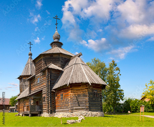 Wooden Russian church in Suzdal, Russia. Old town of Suzdal is historical landmark as part of Golden Ring of Russia. Orthodox temple in museum of architecture.