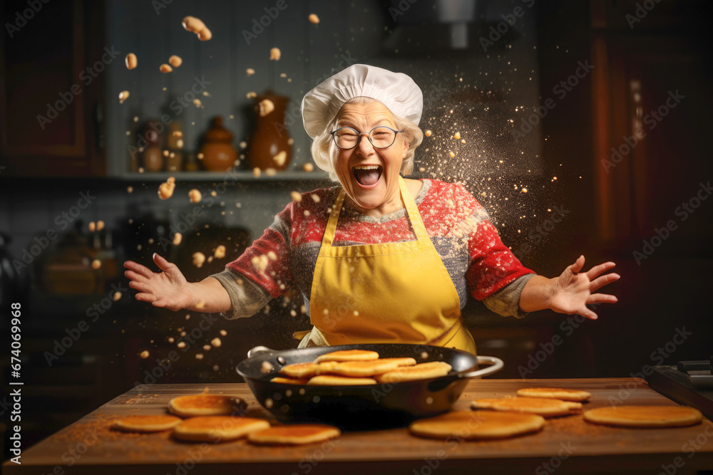 A contented grandma expertly making pancakes in her cozy kitchen, spreading joy through her delicious cooking. A contented grandma expertly making pancakes in her cozy kitchen, spreading joy through her delicious cooking.