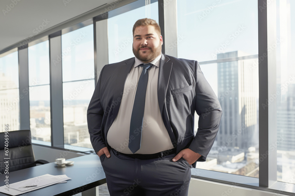 Fototapeta premium A confident and successful businessman, he breaks stereotypes with his body-positive approach to corporate life.