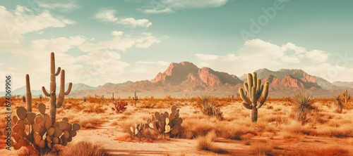 The arid beauty of the desert at sunset, with cacti, rolling hills, and a scenic view © EdNurg