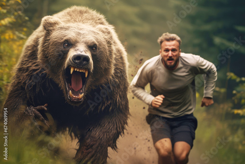 man hurriedly running away from a bear in a survival situation, underscoring the dangers of wildlife encounters in the wilderness.