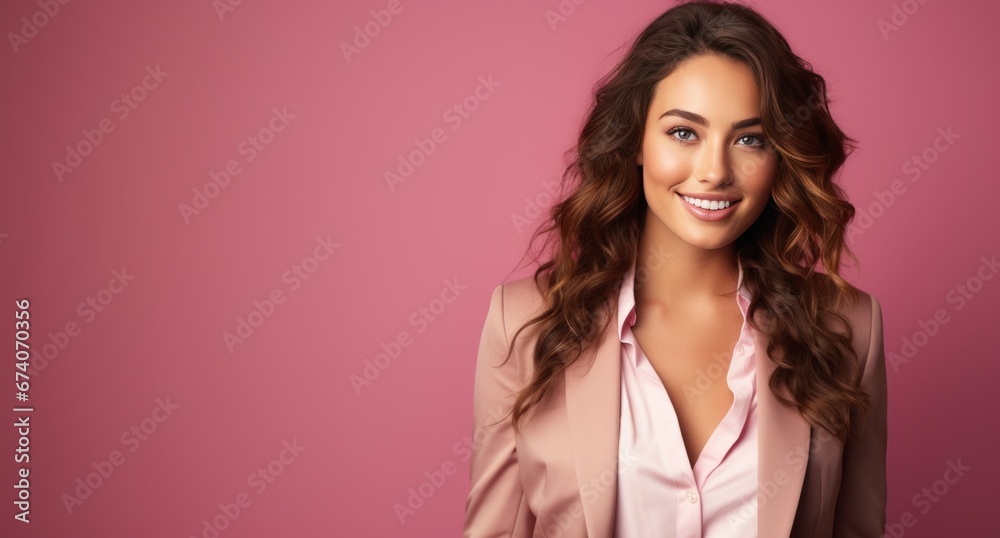 woman in pink blazer sitting in front of pink background. woman in pink blazer sitting in front of pink background.