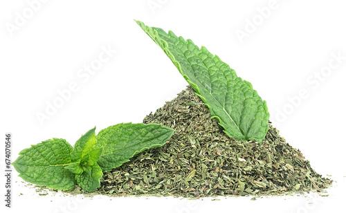 Pile of dried mint and fresh mint leaves isolated on a white background