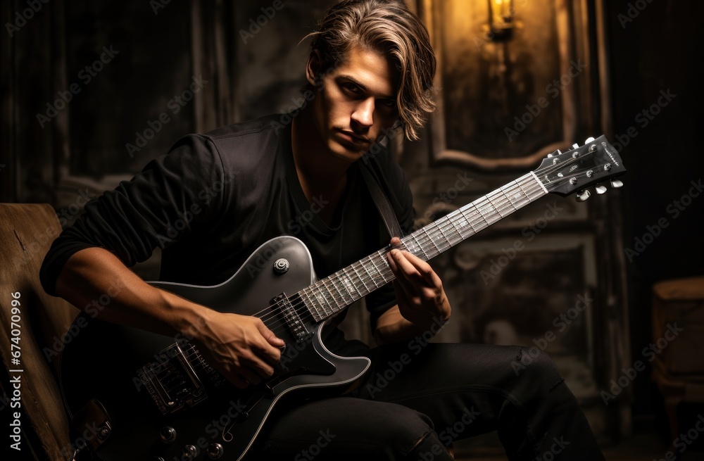Obraz premium young man playing guitar with dark background