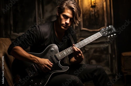 young man playing guitar with dark background