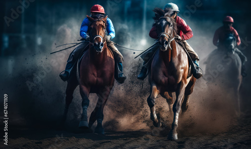 Two Jockeys Racing on Horseback Through the Dusty Track © Vadim